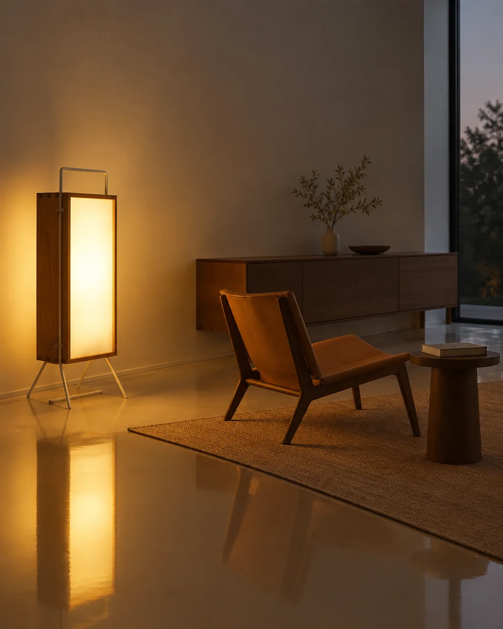 A glowing rectangular floor lamp casts warm light across a minimalist interior with a leather lounge chair on a woven rug.