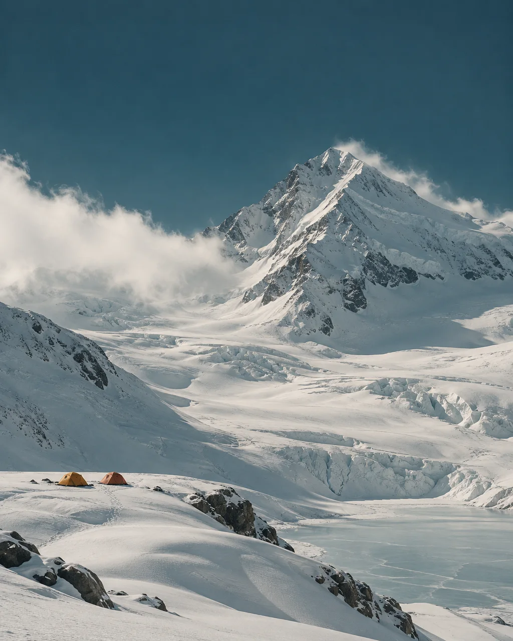 Two small tents pitched on a snowy mountain ridge overlooking a frozen glacial basin and a towering peak.