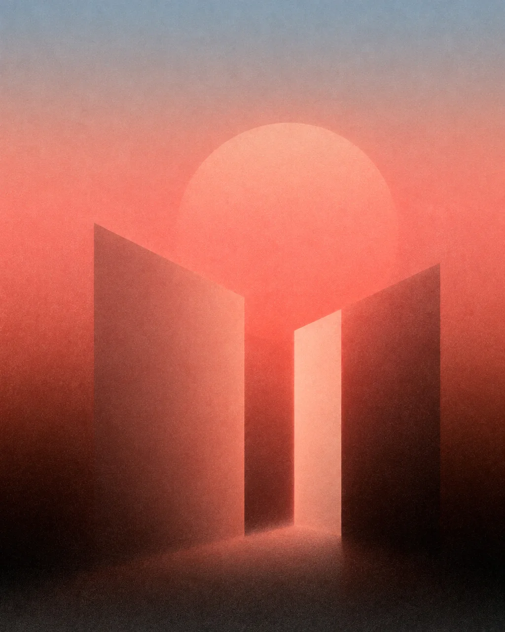 Abstract geometric monoliths and a glowing sun framed in a warm, textured red gradient.
