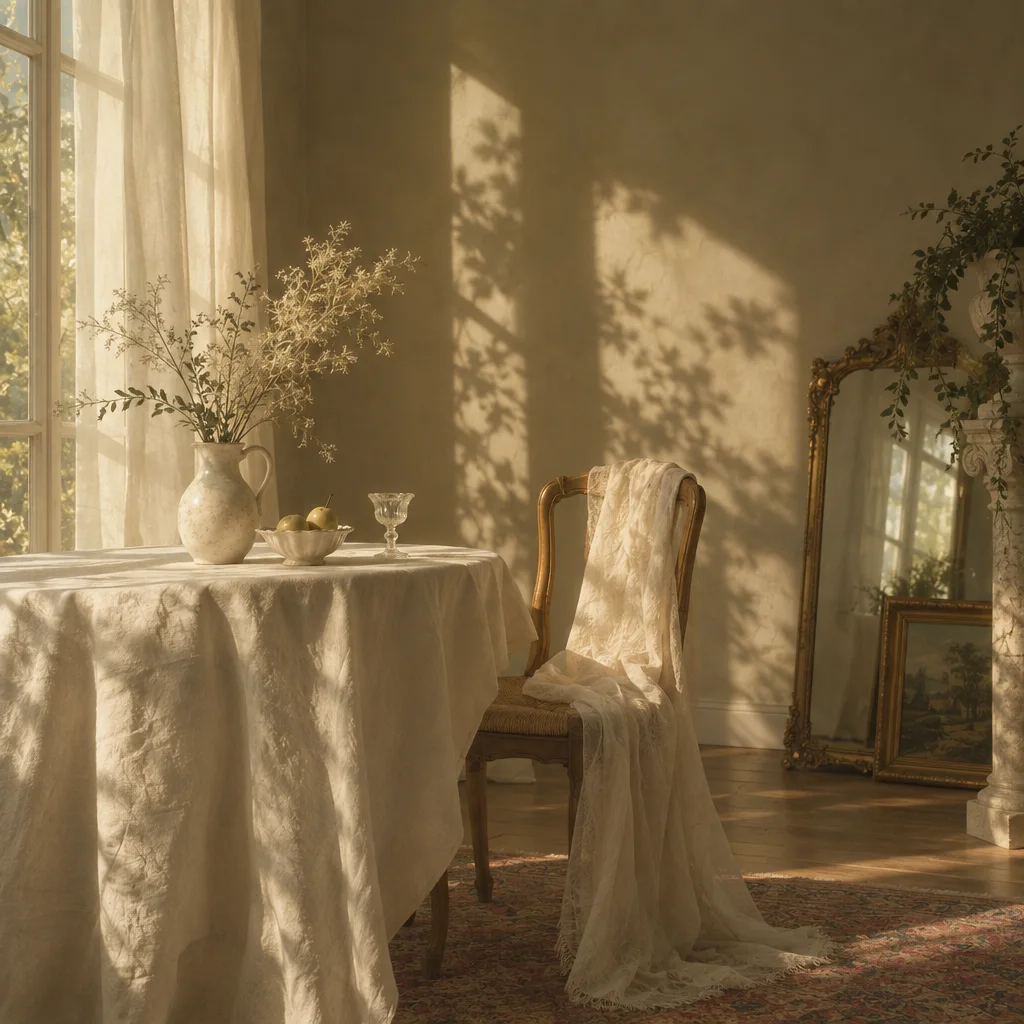 Warm afternoon light casts botanical shadows across a round table with white linen, a ceramic pitcher, and a vintage chair.