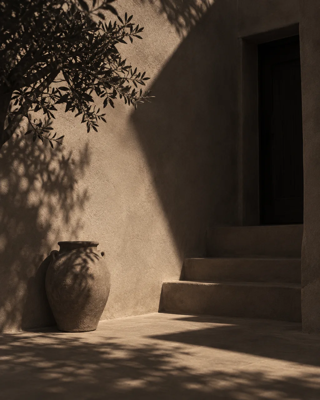 A rustic clay urn sits beside stone steps in dappled tree shadows against a textured plaster wall.