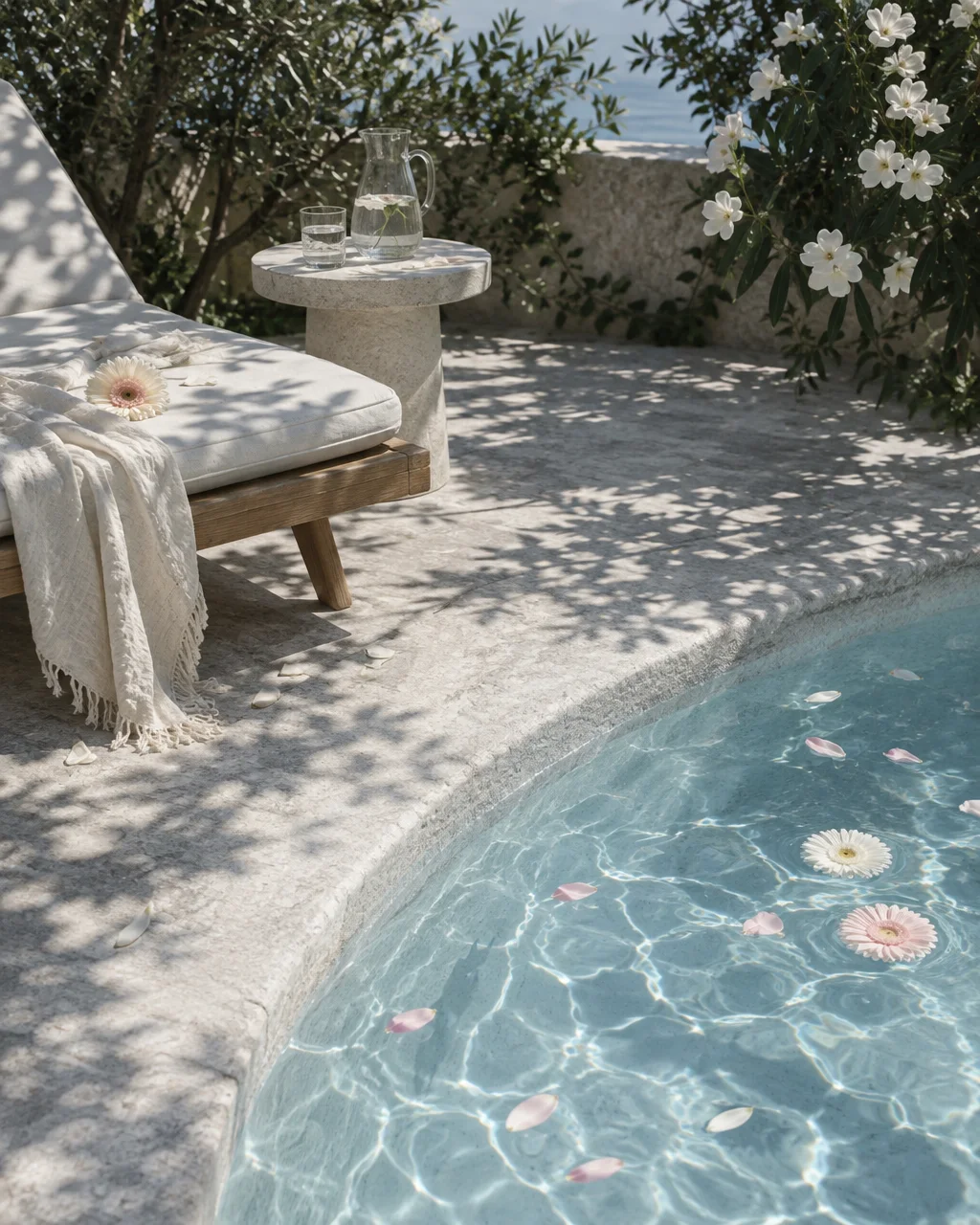 A sunlit stone poolside with a cushioned wooden lounger, drink table, and floating flower blossoms under dappled tree shade.