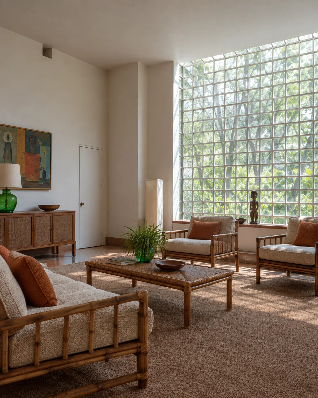 A spacious living room featuring bamboo seating and terracotta accents beside a tall glass-block window looking out onto trees.