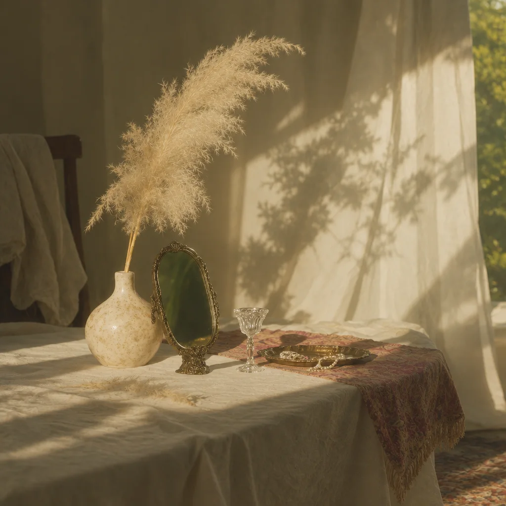 A vase of fluffy dried grass, an ornate small mirror, and jewelry on a sunlit table with tree shadows against the wall.