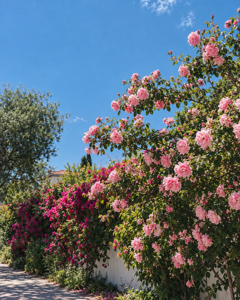 Lush pink rose bushes and magenta flowers blooming over a sunlit street wall under a clear blue sky.