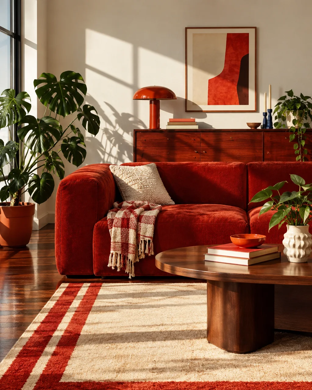 A rust-red velvet sofa and dark wood furniture in a bright living room, illuminated by warm sunlight casting geometric shadows across the wall.