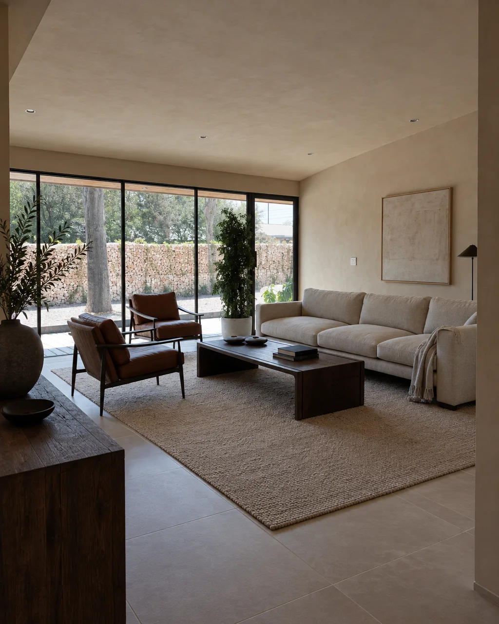 A minimalist living room with warm plaster walls, leather armchairs, and floor-to-ceiling glass doors opening onto a walled garden.