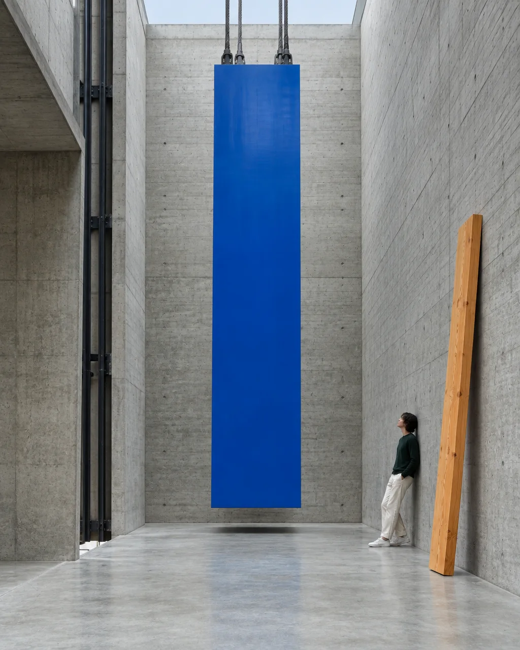 A large ultramarine blue monolith hangs suspended inside a towering concrete gallery space while a visitor looks on.