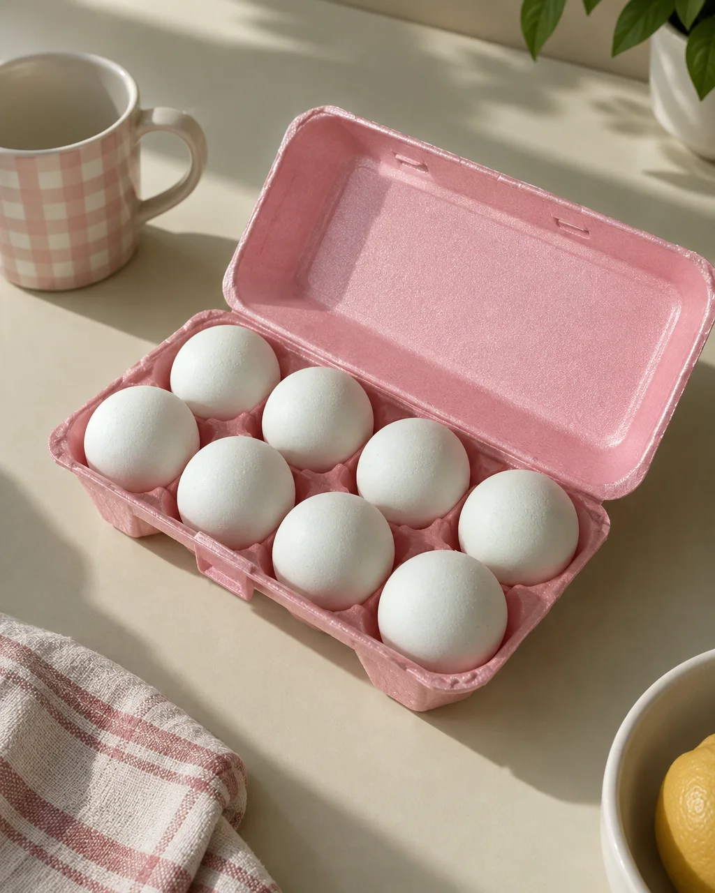 An open pastel pink carton filled with white eggs rests on a sunlit countertop beside a pink gingham mug.