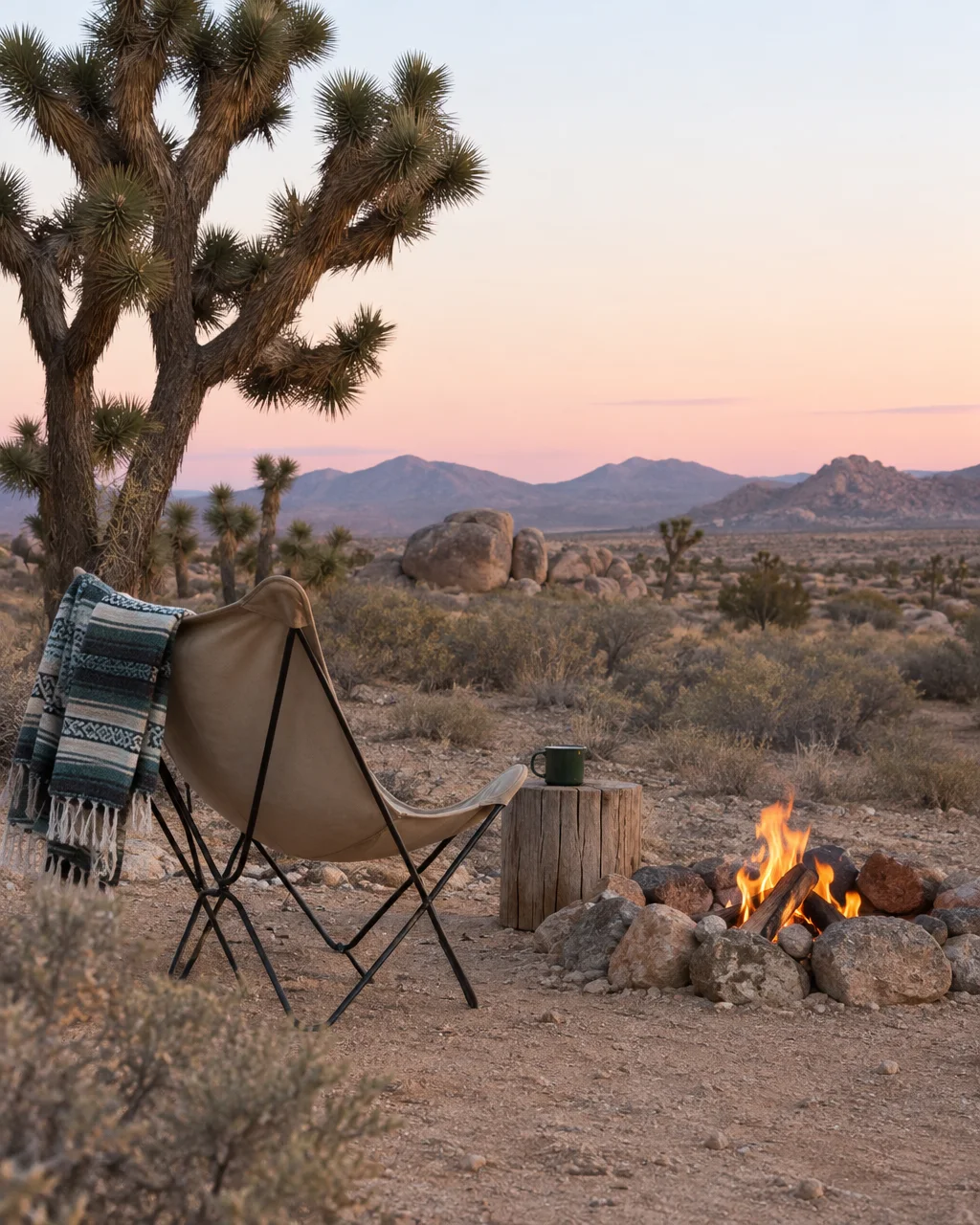 A canvas camp chair with a patterned blanket rests beside a stone fire pit in a vast desert landscape at twilight.