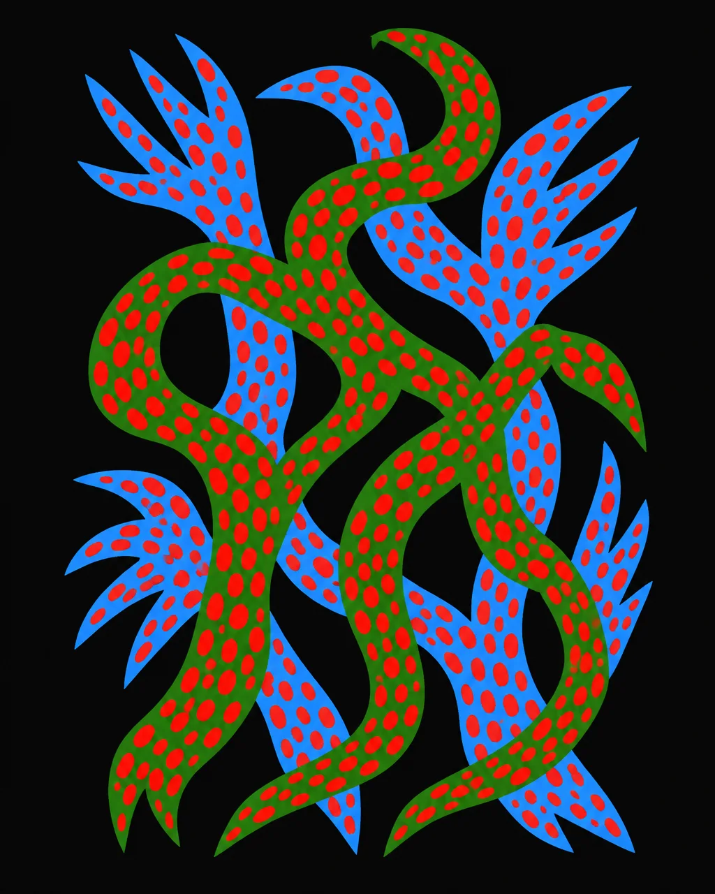 Stylized green and blue tendrils covered in red spots intertwine across a deep black background.