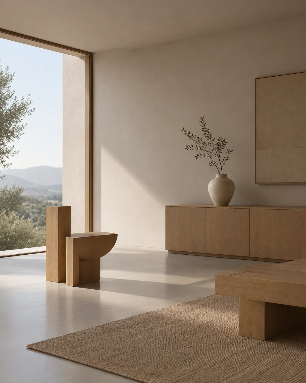 A minimalist interior with sculptural wooden furniture, natural textures, and a large open window framing a sunny rolling landscape.