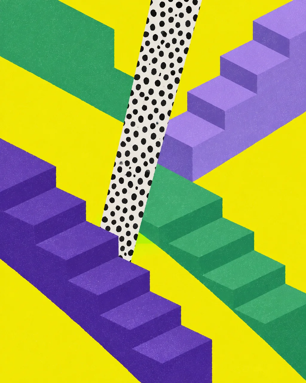 An abstract graphic composition featuring purple and green isometric stairs crossed by a dotted stripe against a vibrant yellow backdrop.