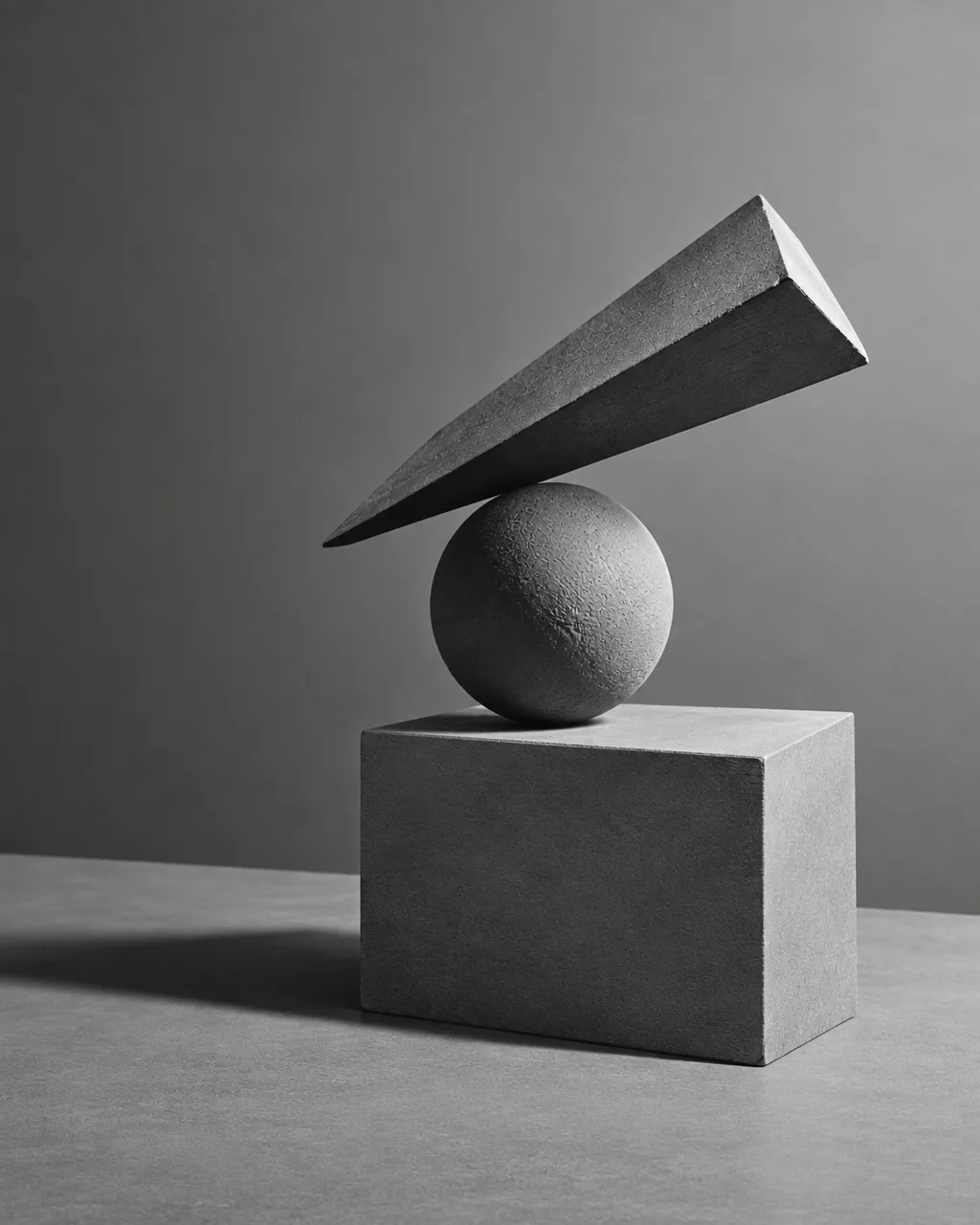 A textured stone sphere and triangular prism balance atop a concrete block in a minimalist studio setting.