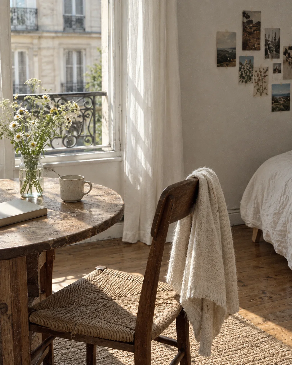 A rustic wooden table and woven chair with a knit cardigan and wildflowers, bathed in gentle sunlight beside an open window.