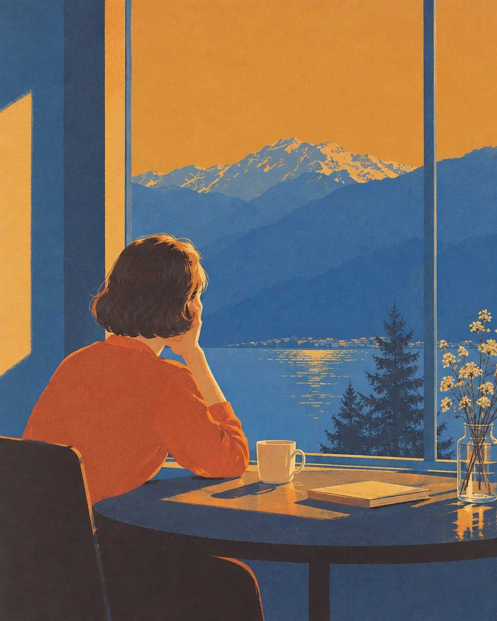 A stylized illustration of a woman seated with a mug of coffee, gazing through a large window at a calm lake and snow-capped mountains.