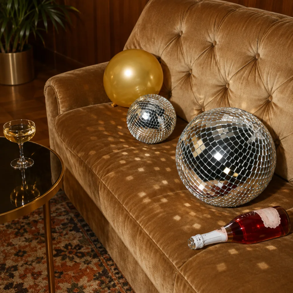 Disco balls, a gold balloon, and a bottle of wine rest on a tufted velvet sofa dappled with reflected light.