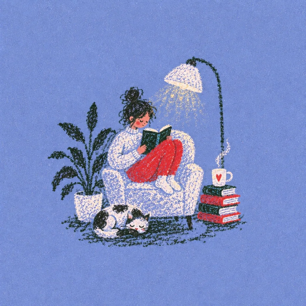 A textured illustration of a woman curled in an armchair reading a book under a warm lamp, accompanied by a sleeping cat.