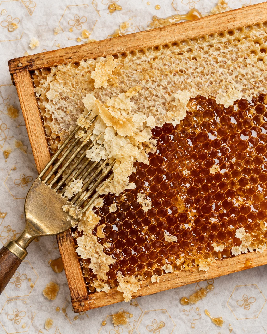 A wooden honeycomb frame being scraped open with a vintage uncapping fork, revealing rich golden honey in the wax comb.