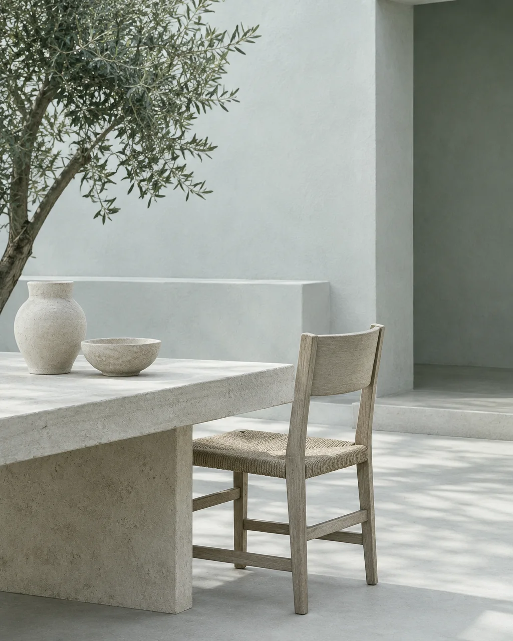 A minimalist stone dining table and woven chair sit beneath the dappled shade of an olive tree on a pale courtyard terrace.