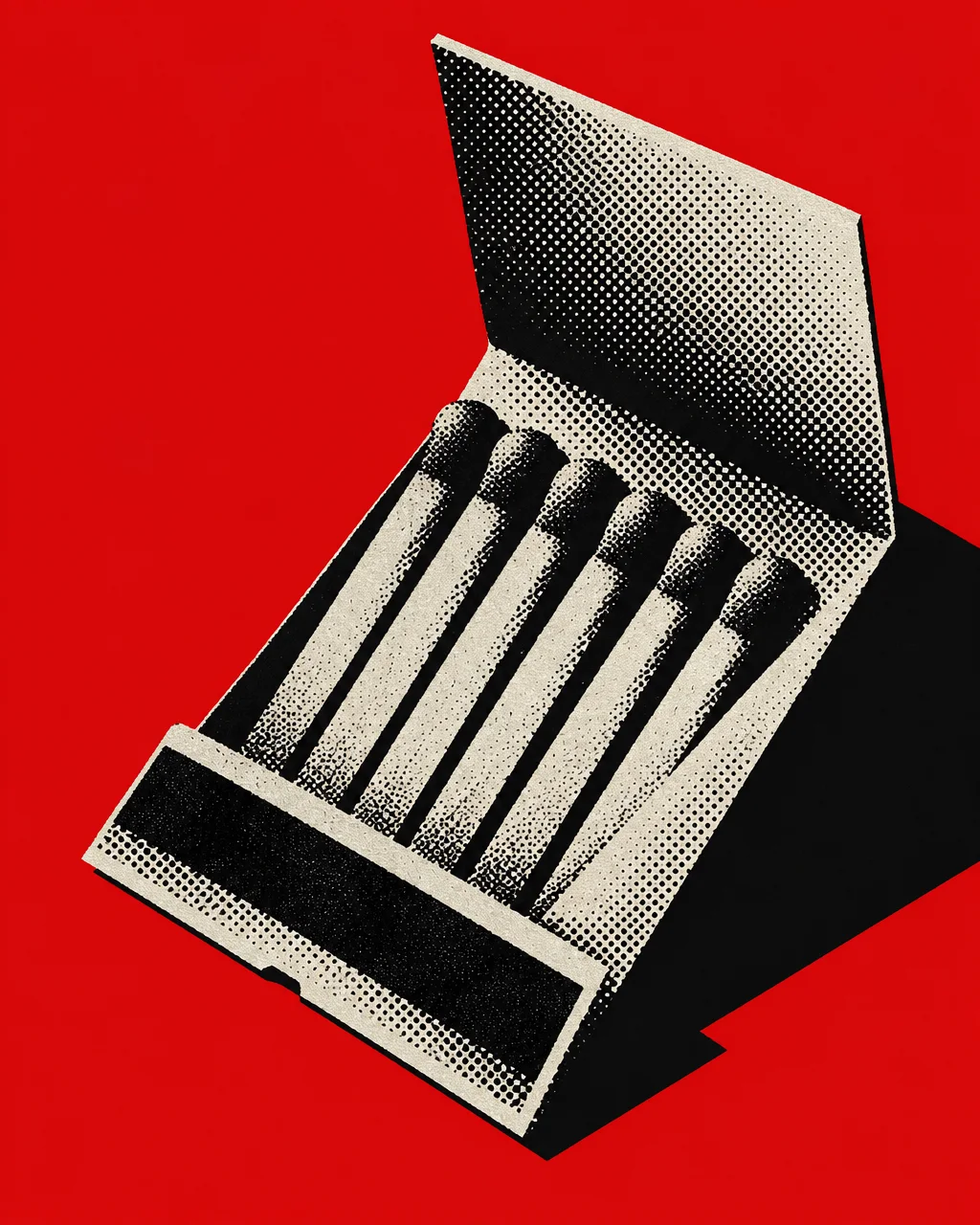 A graphic illustration of an open matchbook rendered with black and cream halftone dots against a bold red background.