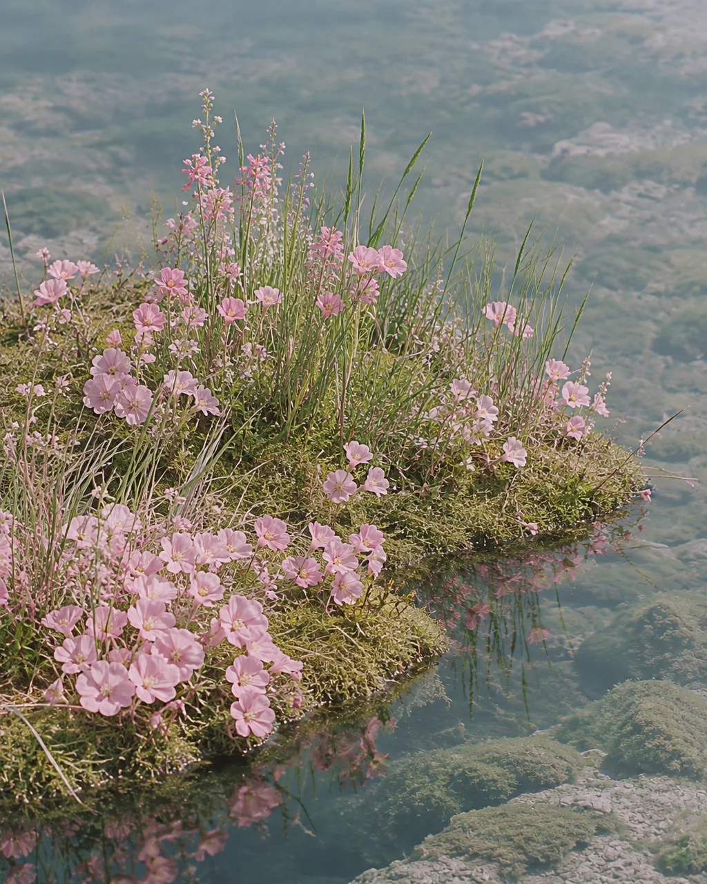 Delicate pink wildflowers and grass growing on a mossy bank, reflecting softly in clear, calm water.