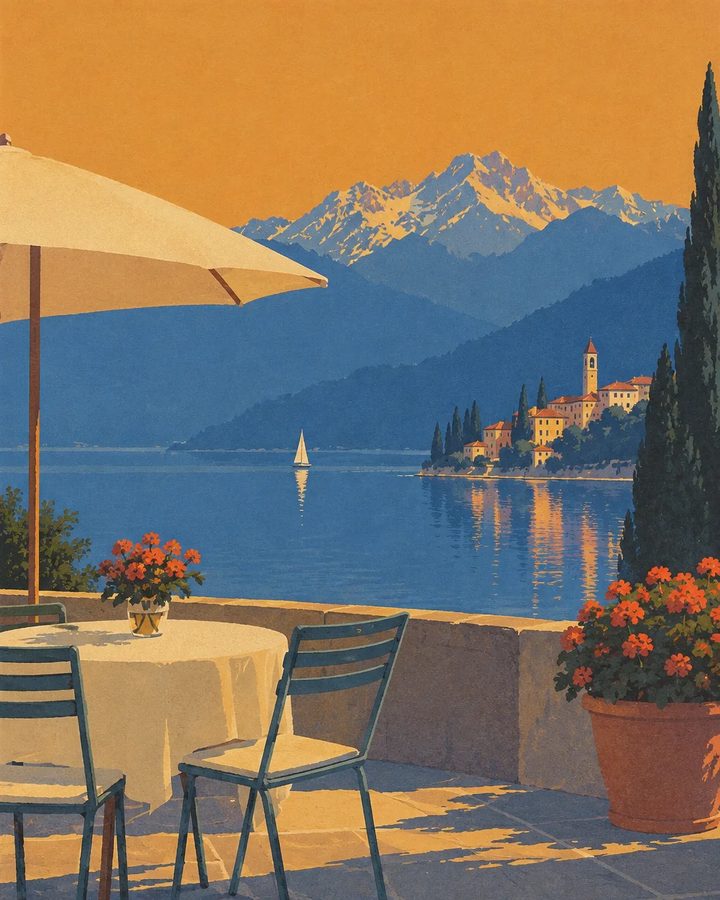 A vintage travel illustration of a sunlit terrace overlooking a calm blue lake, a coastal village, and snow-capped alpine peaks.