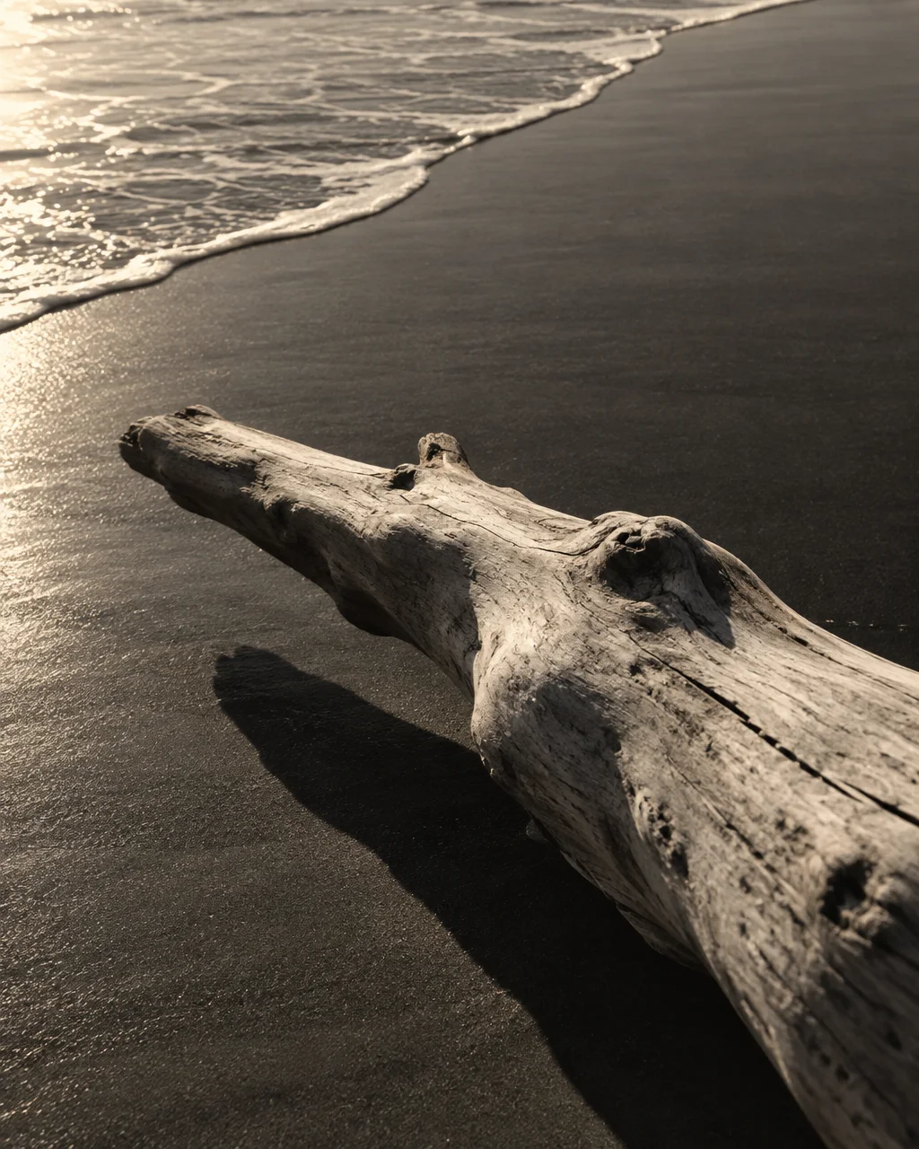 A weathered log rests on smooth dark sand as gentle ocean foam rolls in with the tide.