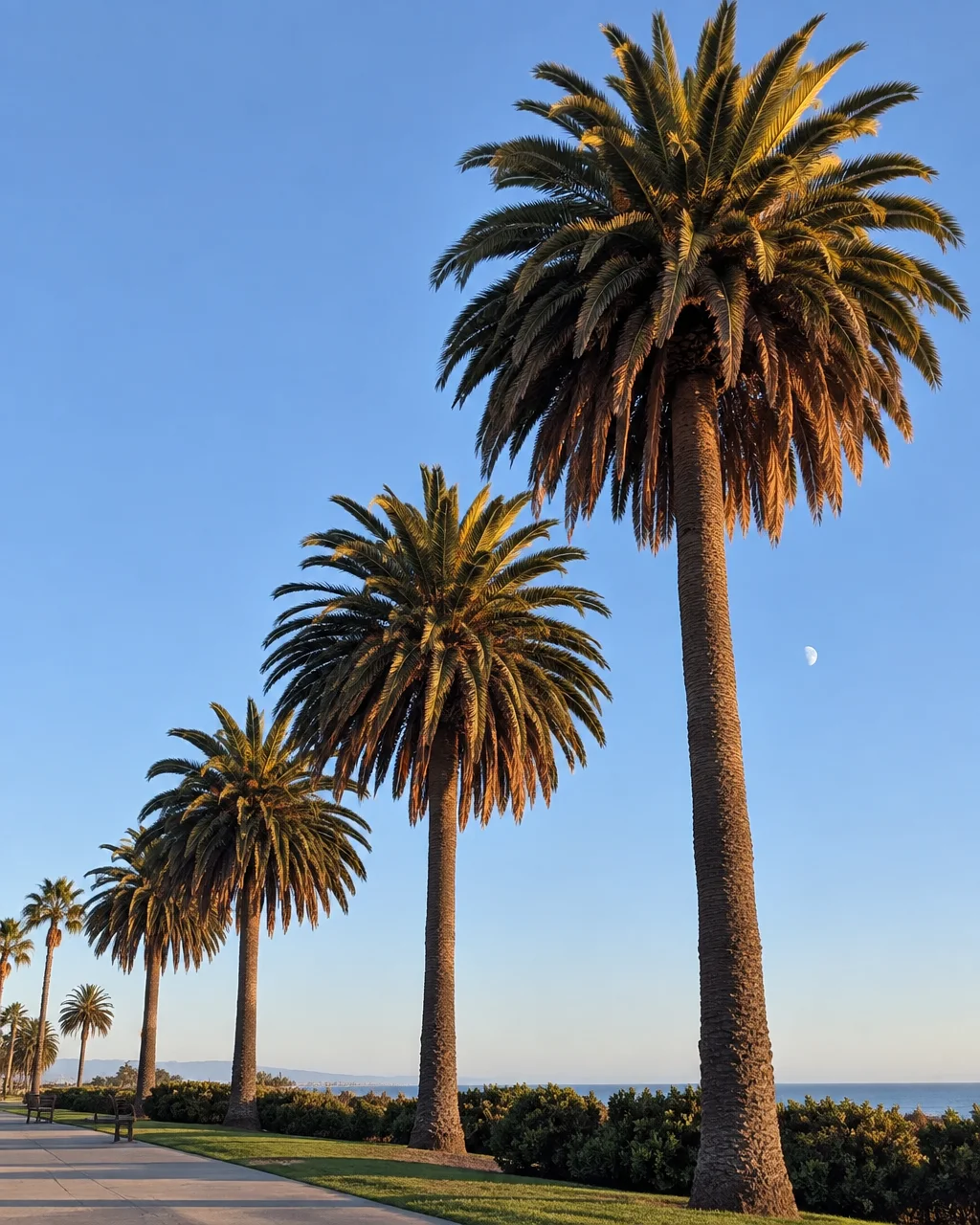 A receding row of tall palm trees standing along a seaside path beneath a clear blue sky with a faint daytime moon.