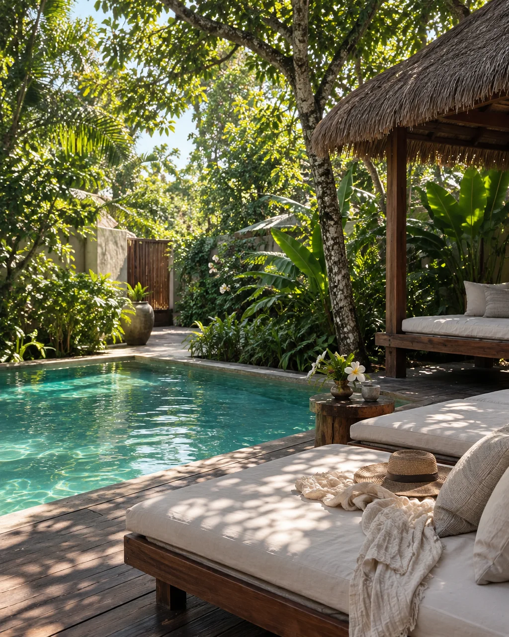 A serene tropical swimming pool bordered by cushioned wooden daybeds, a thatched gazebo, and lush garden foliage under dappled sunlight.