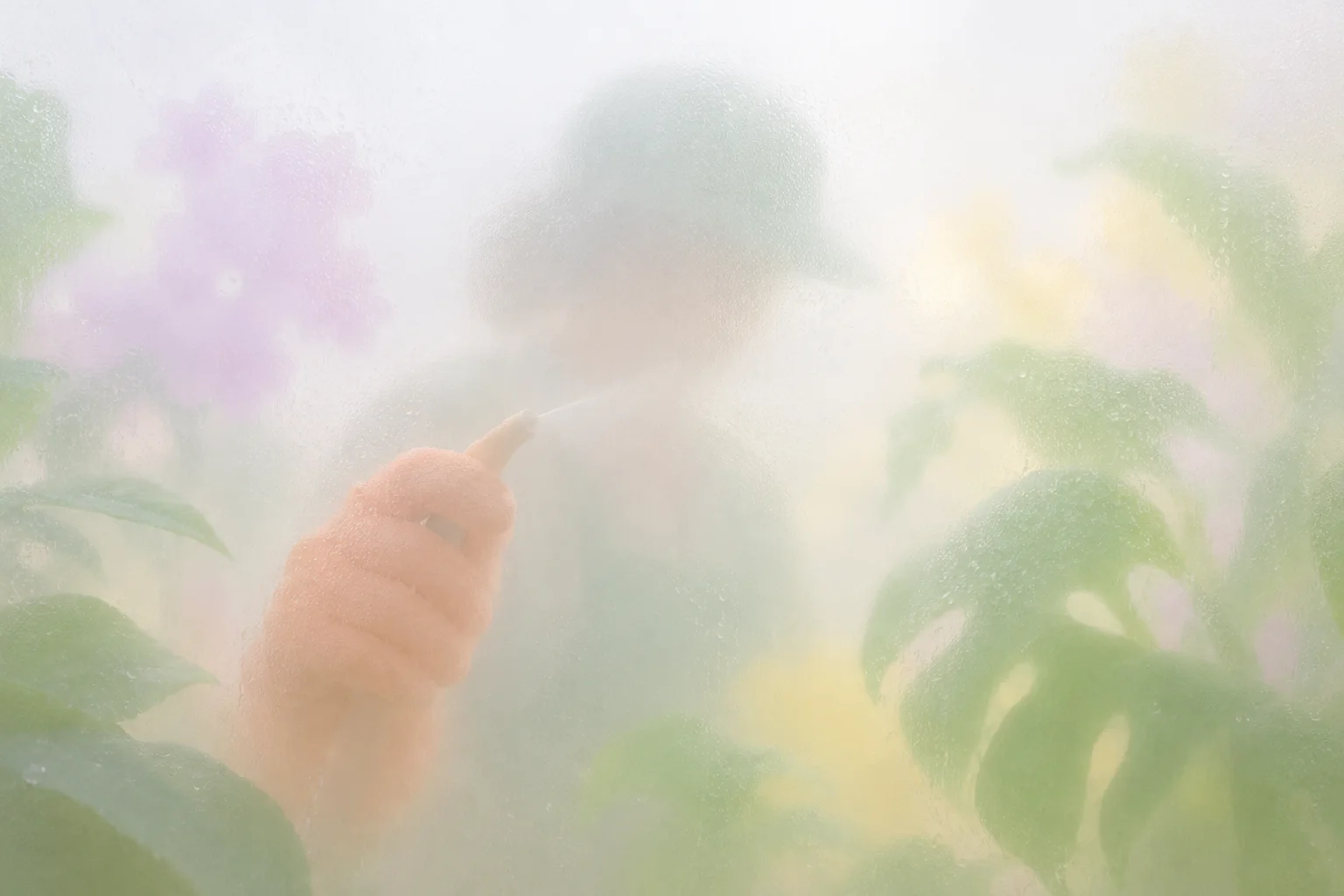 A figure silhouetted behind frosted, condensation-covered glass sprays water among houseplants and pastel flowers.