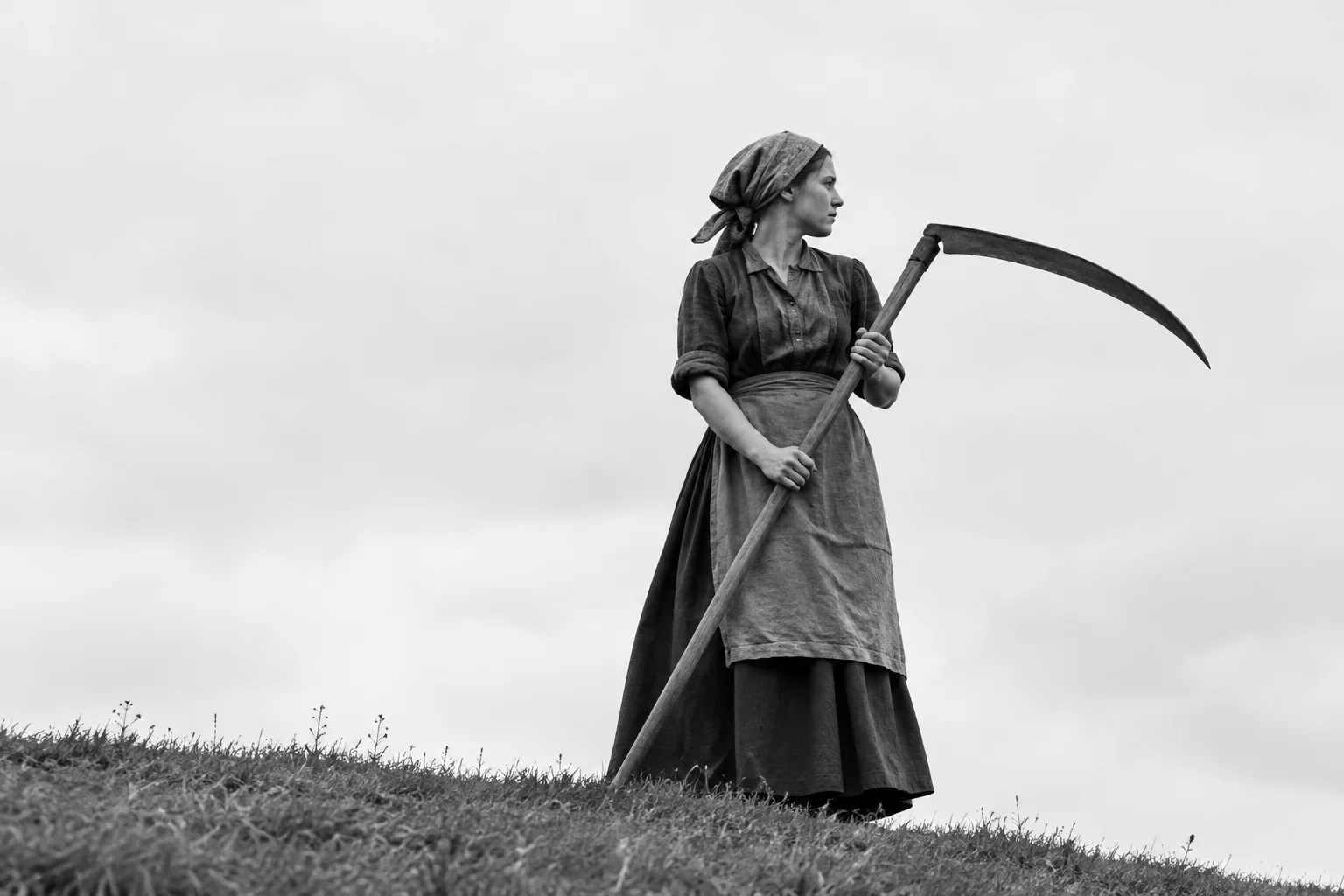 A woman in historical rural dress stands on a grassy crest holding a large scythe, captured in monochrome against an overcast sky.