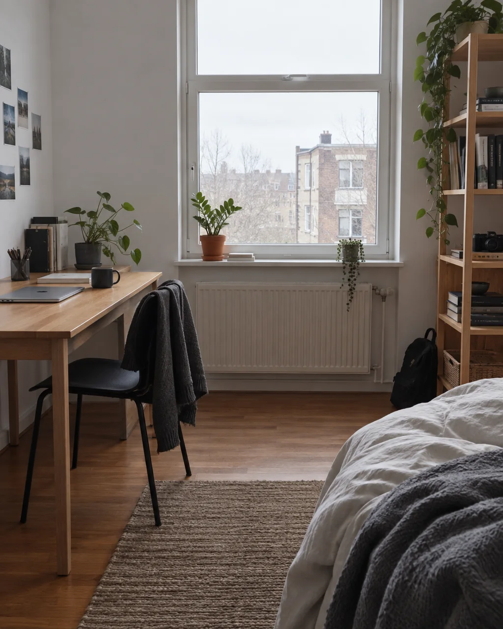 A tidy wooden desk with a laptop and potted plants sits by a tall window overlooking brick apartment buildings.