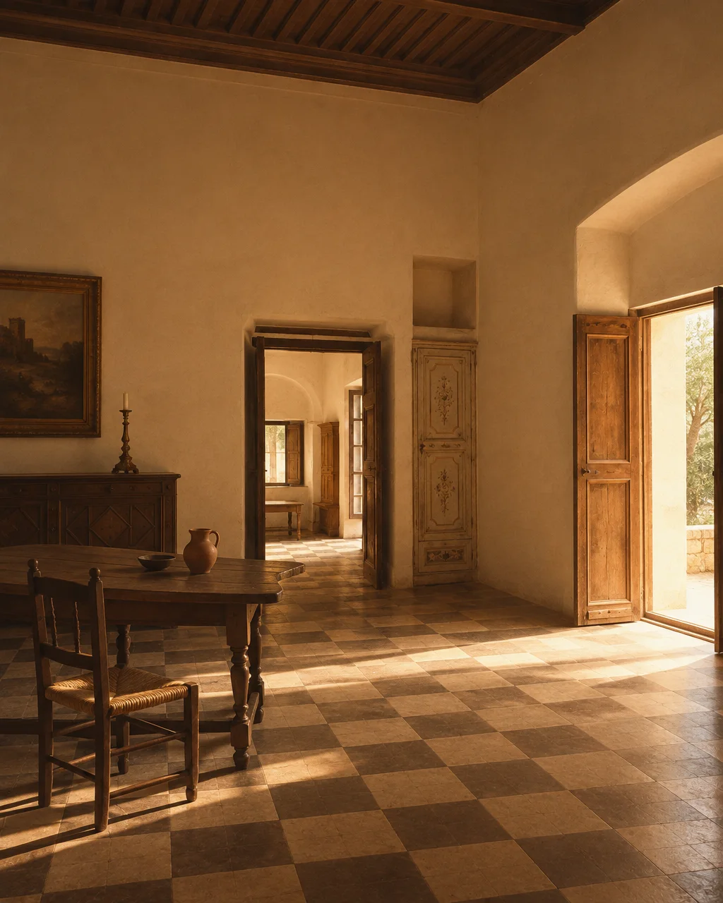Warm sunlight streams through open wooden doors across a checkered stone floor in a quiet, rustic villa dining room.