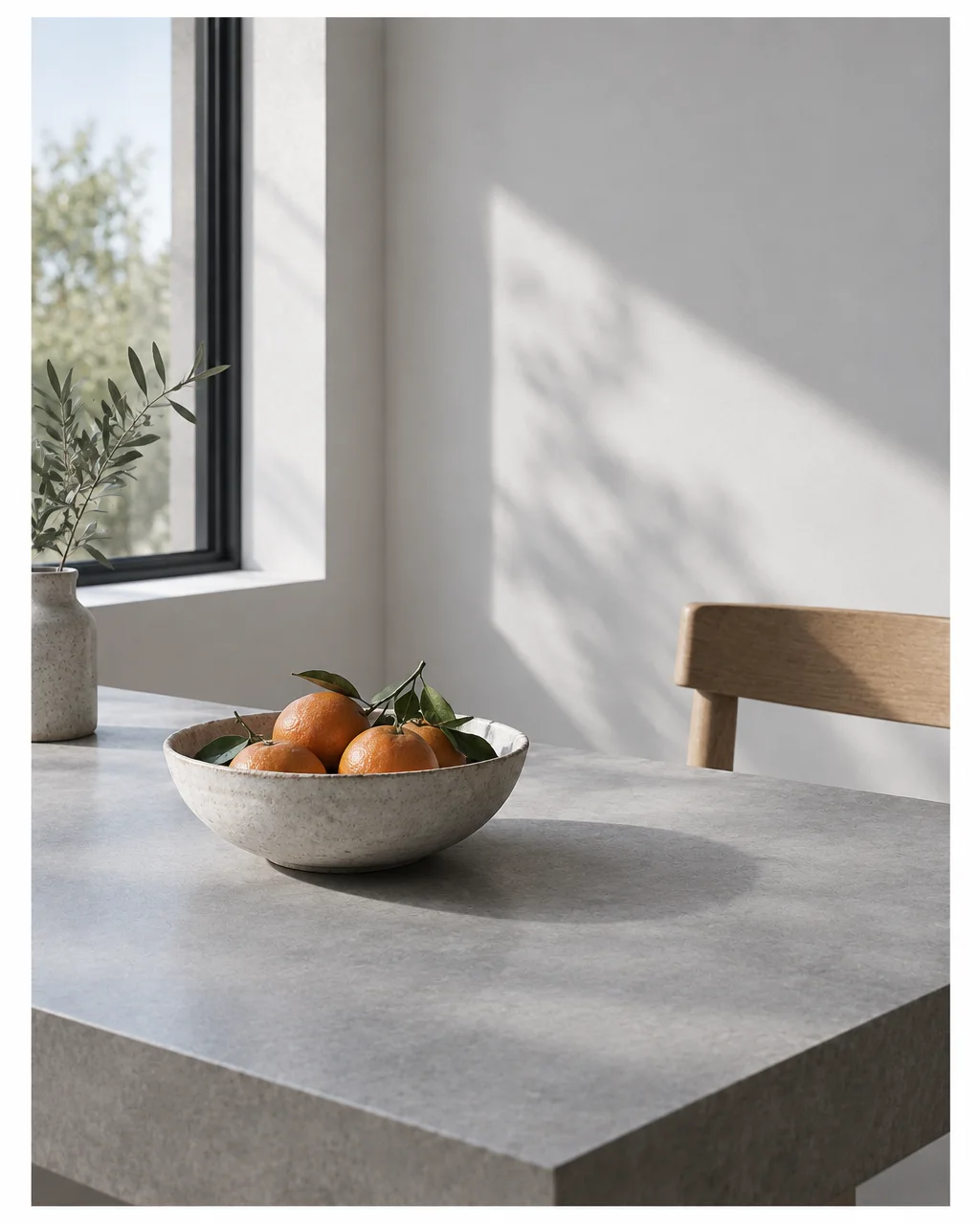 A ceramic bowl filled with fresh oranges sits on a concrete table beside a sunlit window with soft dappled shadows.