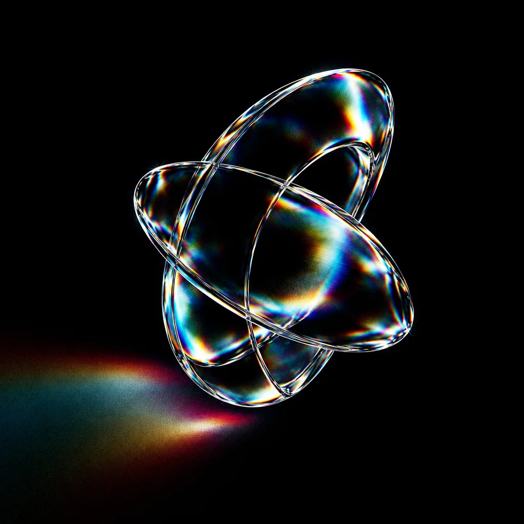 An interlocking transparent geometric glass loop casting vibrant prismatic light reflections against a black studio background.