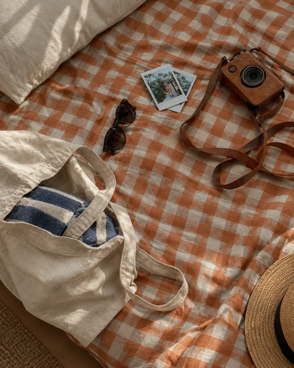 A canvas tote bag, leather-cased camera, sunglasses, and instant photos resting on an orange gingham sheet in dappled sunlight.