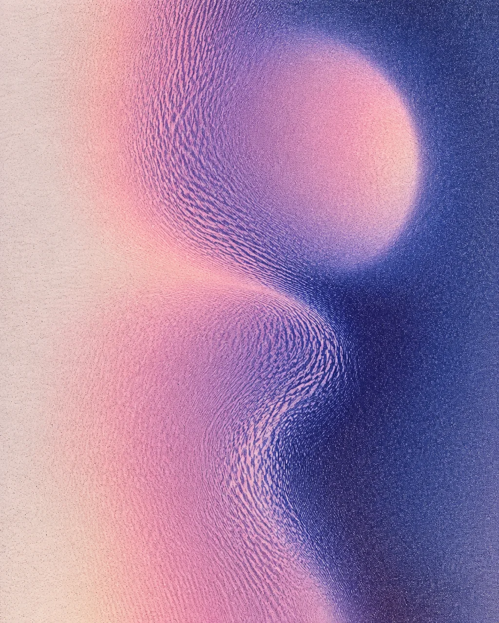 An abstract textured gradient blending cream, glowing pink, and deep indigo through a finely rippled, frosted surface.