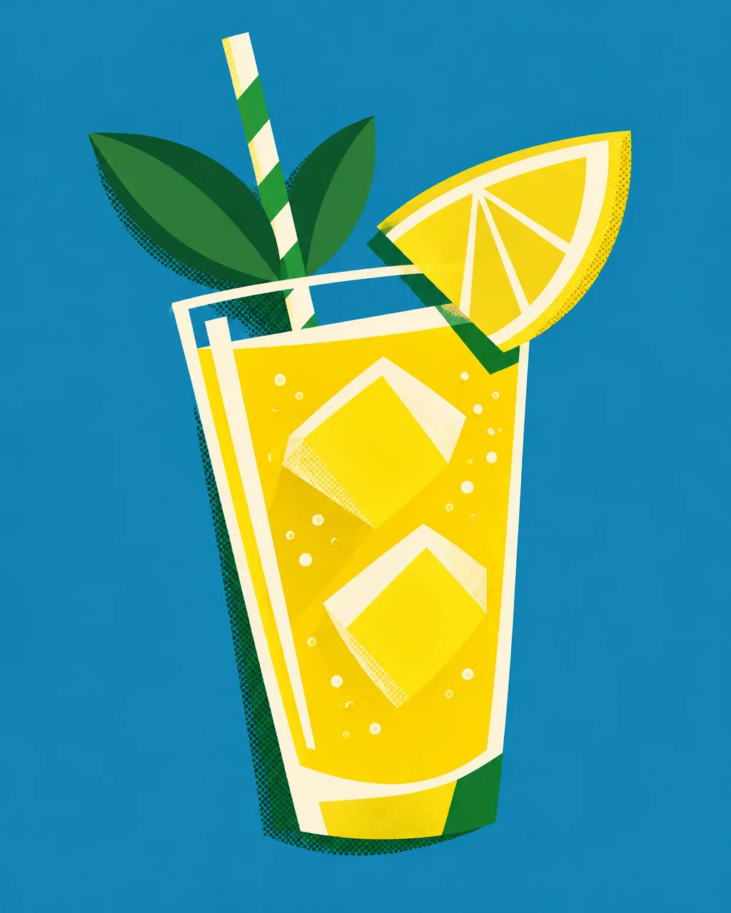 A bold graphic illustration of a tall glass of iced lemonade garnished with mint leaves and a lemon slice against a solid blue background.