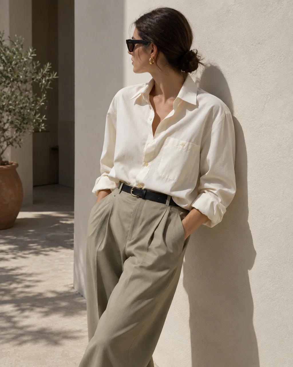 A woman in a relaxed cream button-up shirt and pleated trousers leans against a sunlit plaster wall outdoors.