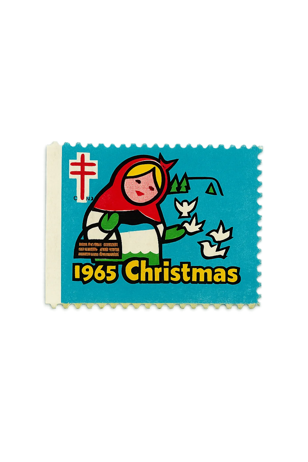 A vintage 1965 Christmas stamp depicting a stylized illustrated girl in a red headscarf releasing white doves on bright cyan paper.