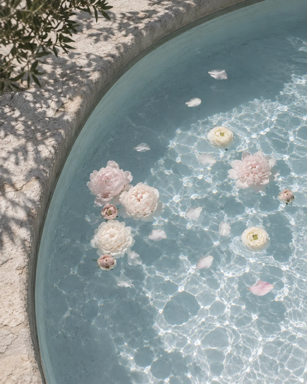 Pale pink and white peony blossoms and loose petals drift across sunlit, rippling water in a curved stone pool.