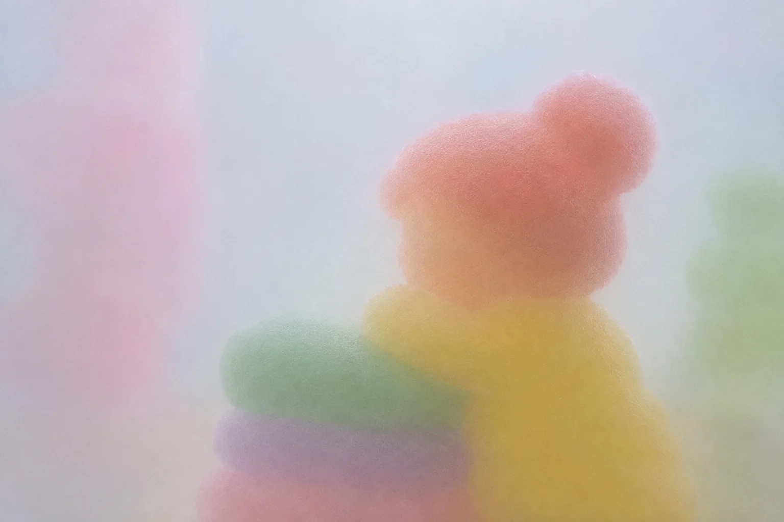 A soft, fuzzy pastel figure leans against rounded shapes, viewed through translucent frosted glass.