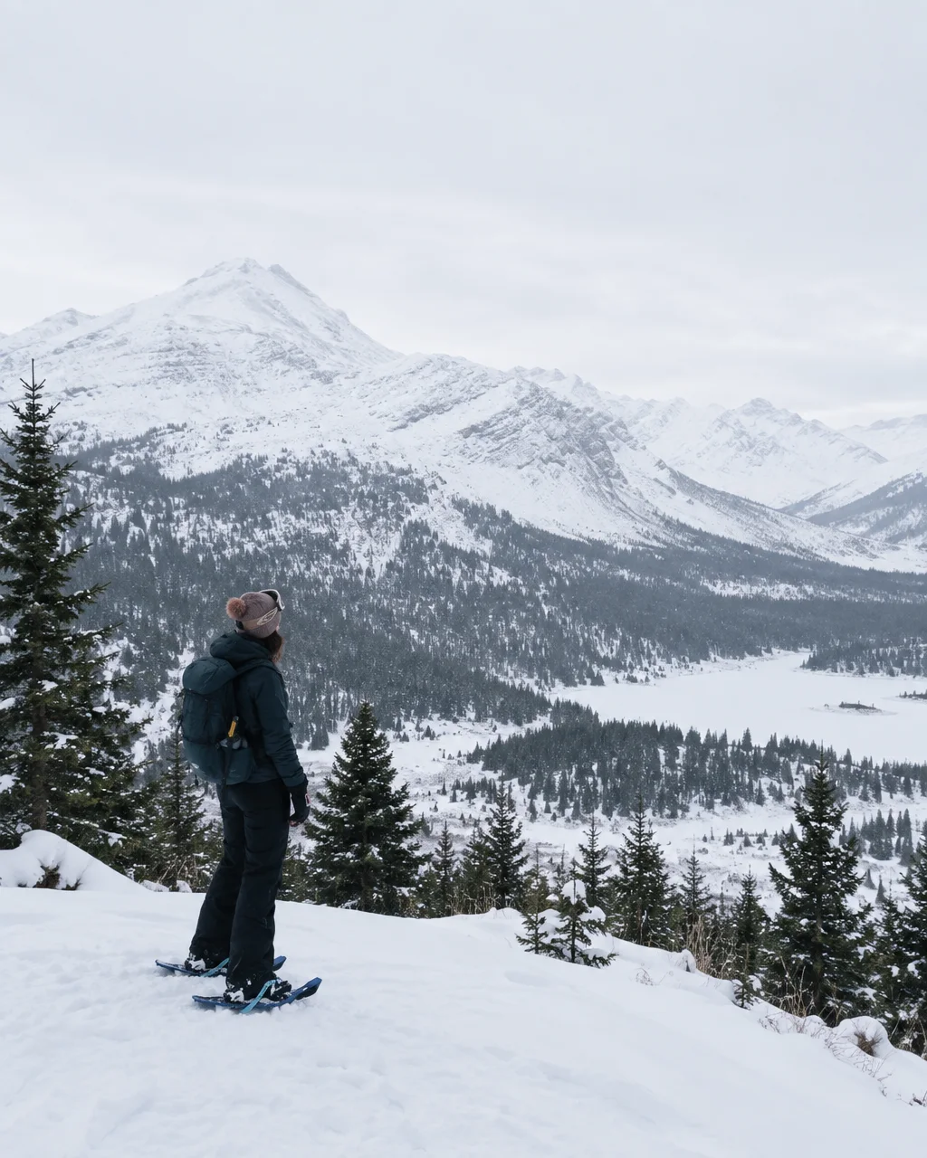 A snowshoer stands on a snowy ridge overlooking a vast evergreen valley and jagged snow-covered mountain peaks under an overcast winter sky.