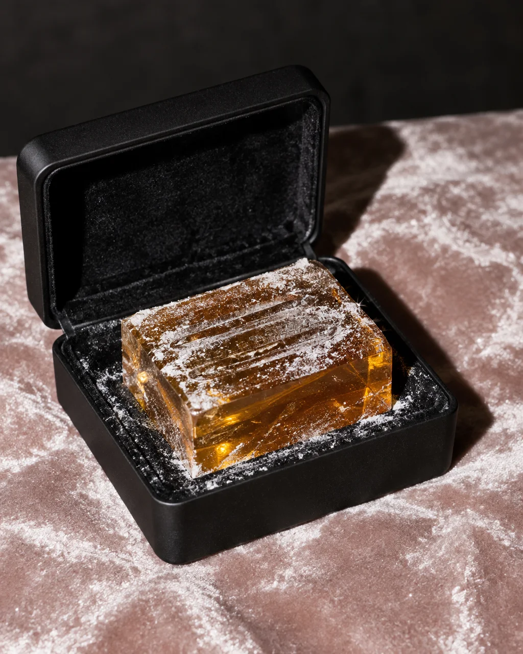 A translucent block of golden amber rosin dusted with white powder rests inside an open black velvet case on crushed fabric.