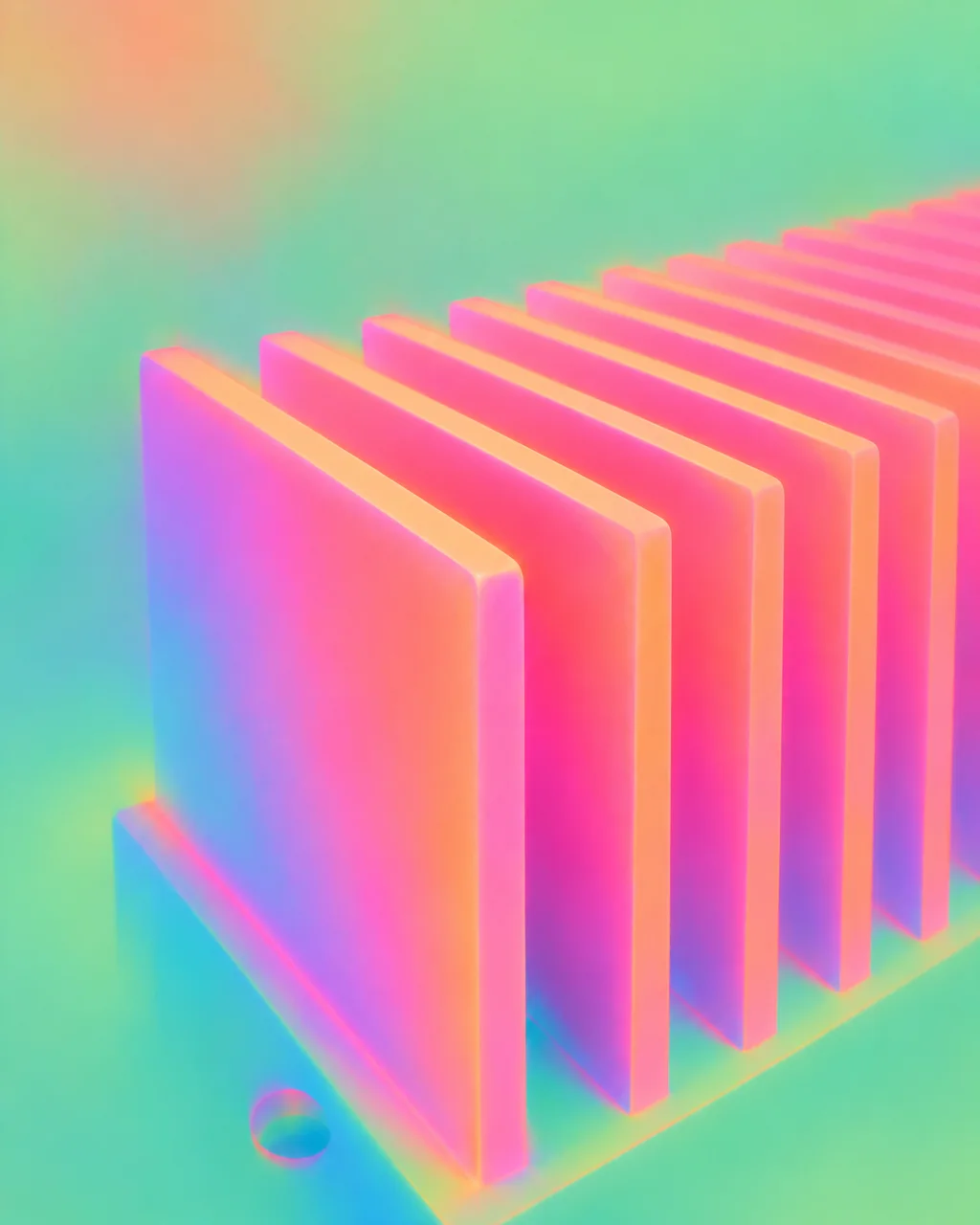 A close-up 3D render of parallel heat sink fins glowing in soft neon gradients of pink, mint green, and amber.