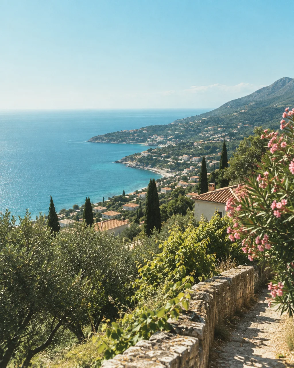 A stone path lined with oleander and olive trees overlooks a sunlit coastline dotted with terracotta-roofed villas, cypress trees, and calm blue water.