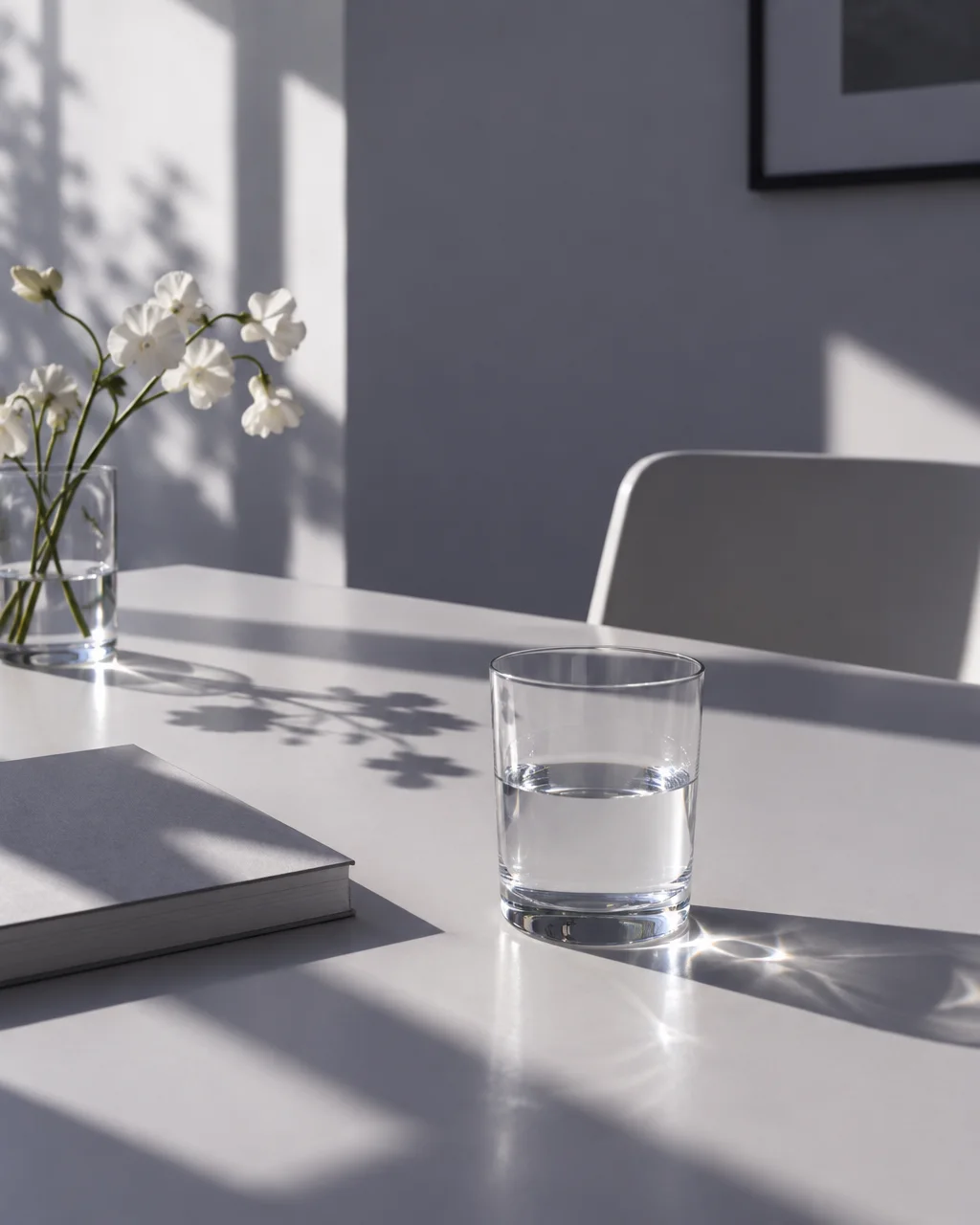 A clear glass of water sits on a white table beside a notebook and small white flowers, cast in crisp daylight.