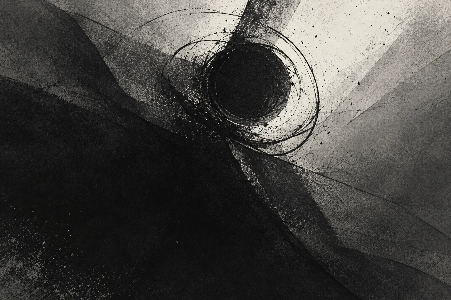 A monochrome abstract composition with a dense black circle surrounded by swirling linework and textured geometric ink washes.