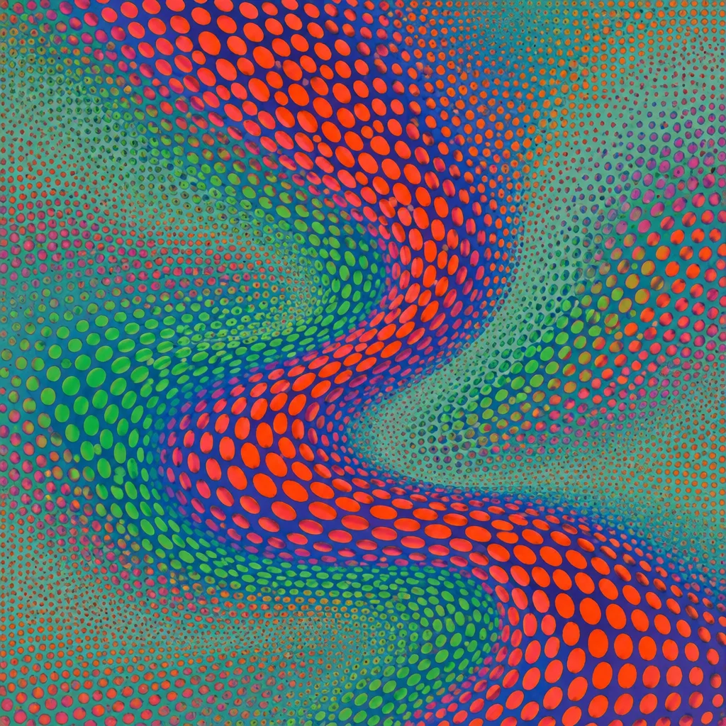 A fluidly warped halftone dot pattern flowing across the frame in vivid orange, lime green, and cobalt blue.
